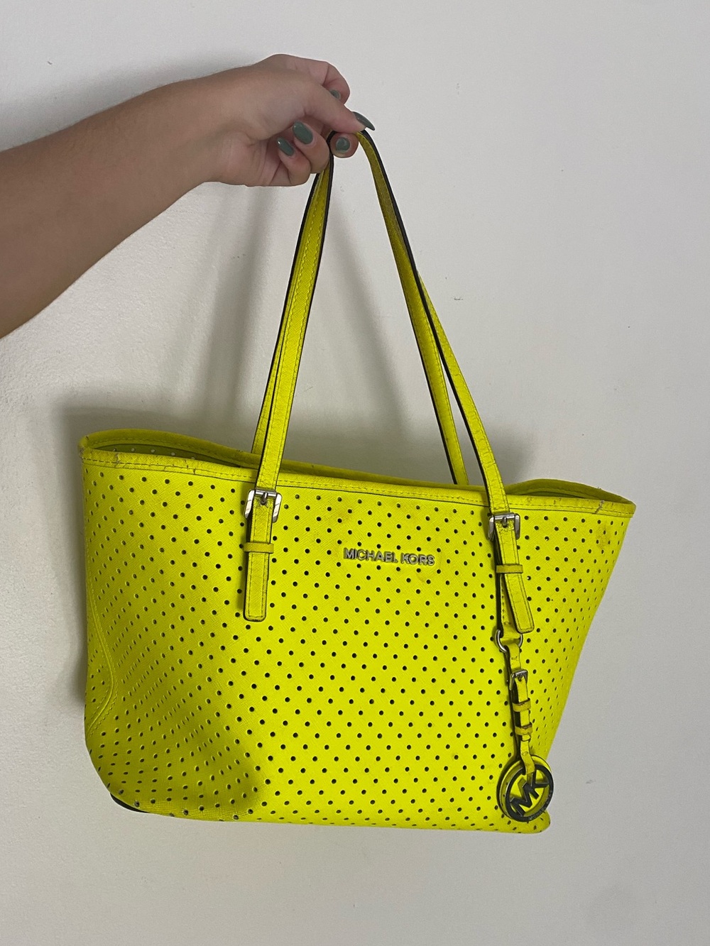 Michael Kors Neon Yellow Perforated Tote with Logo Charm